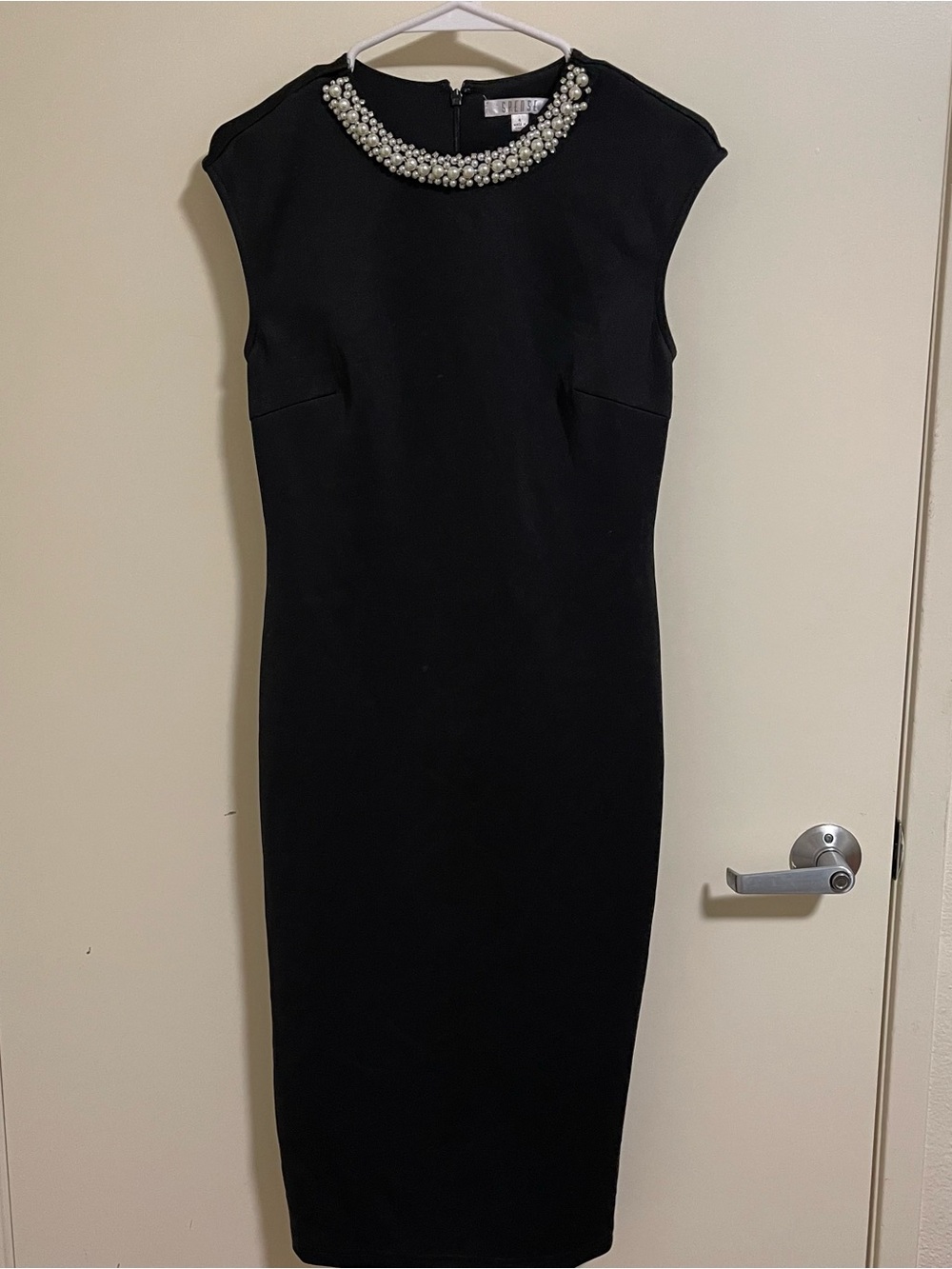 Spense Black Sheath Dress Size 4 Faux Pearl Embellished Neckline Womens Cocktail